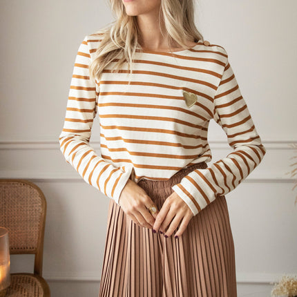 Beating Heart Stripes & Buttons Camel - Longsleeve