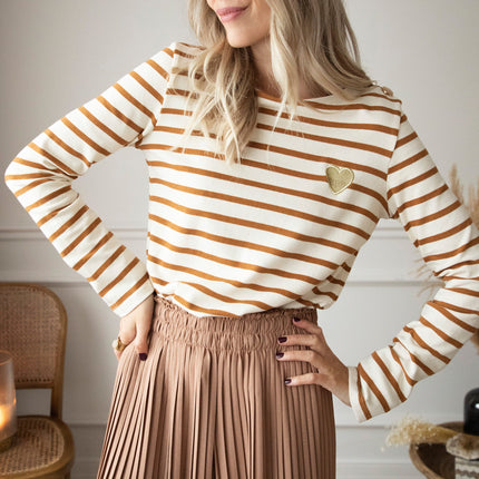 Beating Heart Stripes & Buttons Camel - Longsleeve