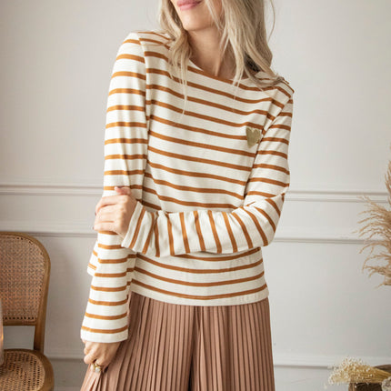 Beating Heart Stripes & Buttons Camel - Longsleeve