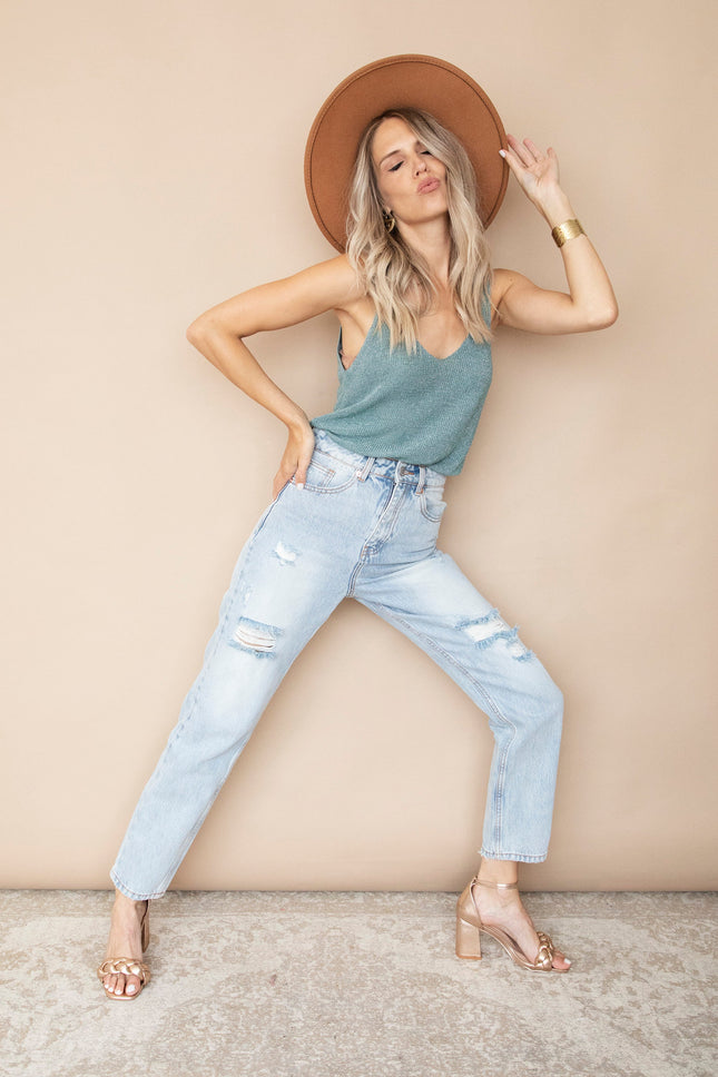 Ripped Detail Mom Light Blue - Jeans